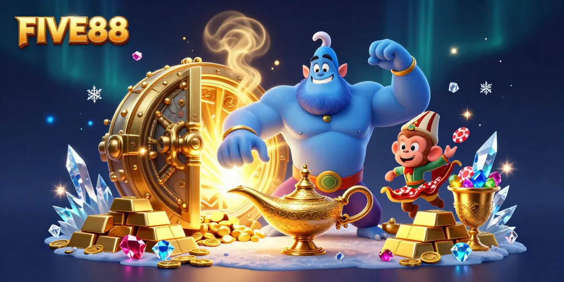 Experience the magic of FIVE88 in this vibrant casino illustration featuring a genie and treasure!