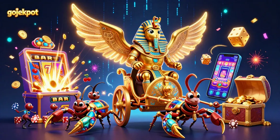 Discover gojekpot winning thrills with a 3D illustration of a golden scarab and casino elements.
