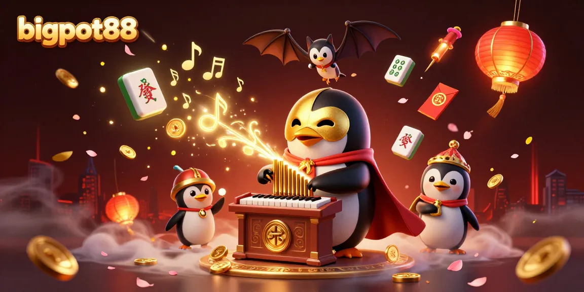Experience thrilling gameplay with bigpot88 as a phantom opera penguin plays a golden organ, scattering coins.