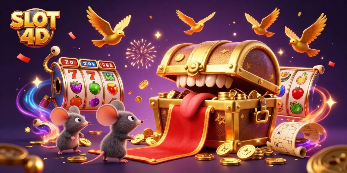 Experience the thrill of SLOT 4D with this colorful 3D illustration, showcasing a golden treasure chest and exciting game elements.
