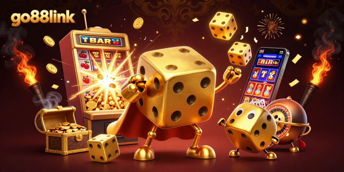Play thrilling games on go88link with a vibrant scene featuring golden dice and a jackpot burst.