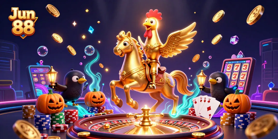 Experience the thrilling world of Jun 88 with golden rooster characters amidst a vibrant casino scene.