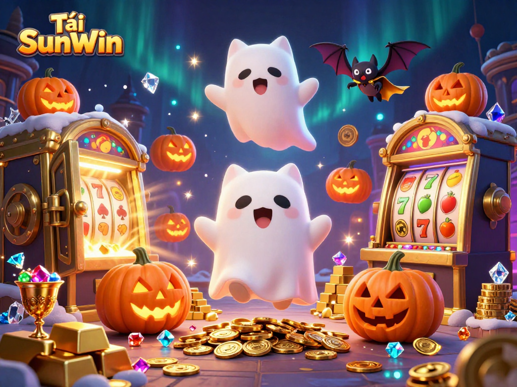 Tải SunWin showcases a ghost cat and vampire bat in a mystical haunted casino scene filled with gold and gems.