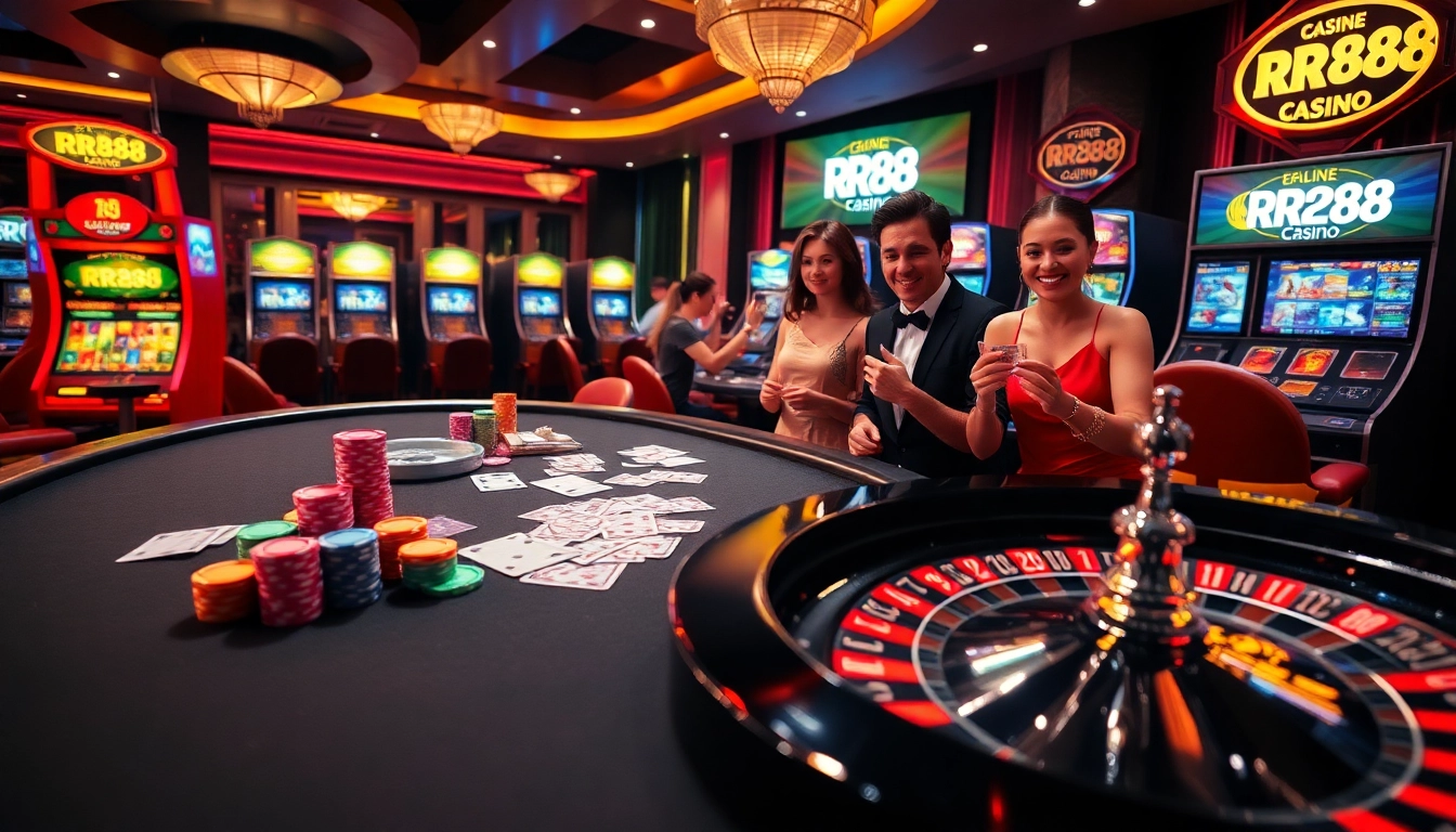 RR88 players engaging actively at a vibrant casino table with poker chips and cards.