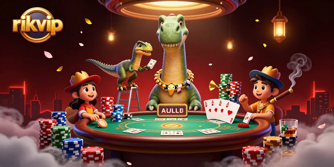 Experience the excitement of rikvip with a giant brontosaurus overseeing a vibrant poker game.