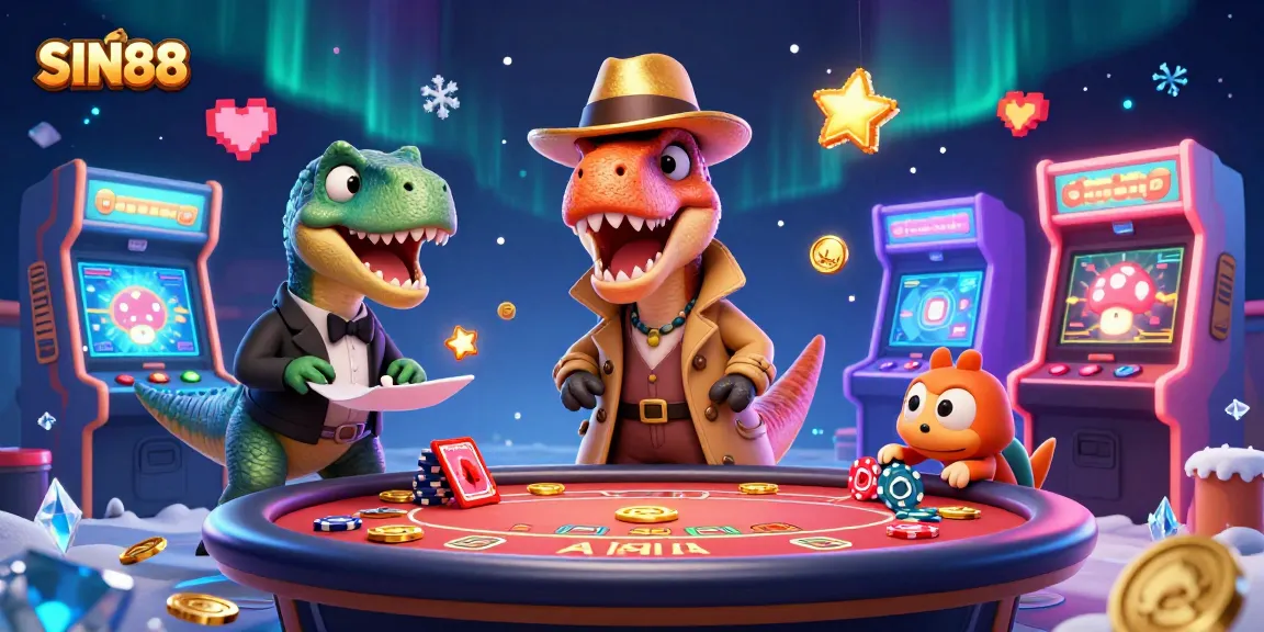 SIN88 - Observe the clever velociraptor card counter at a playful casino scene with vibrant game elements.