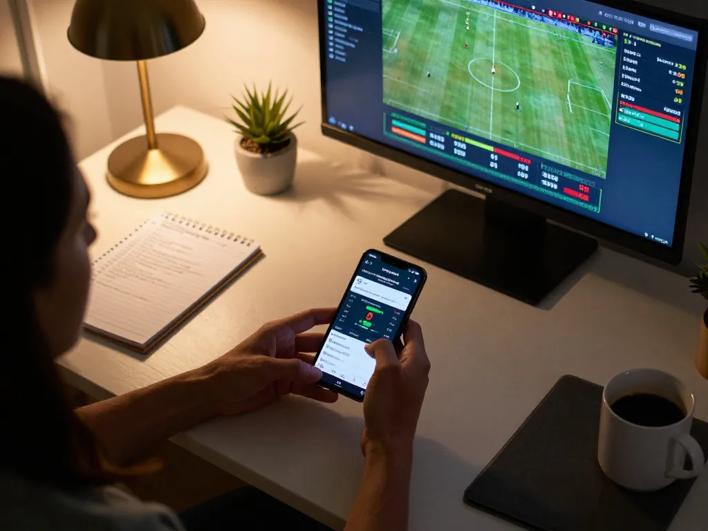 Person analyzing kèo nhà cái for sports betting at home, with multiple screens showing live statistics.