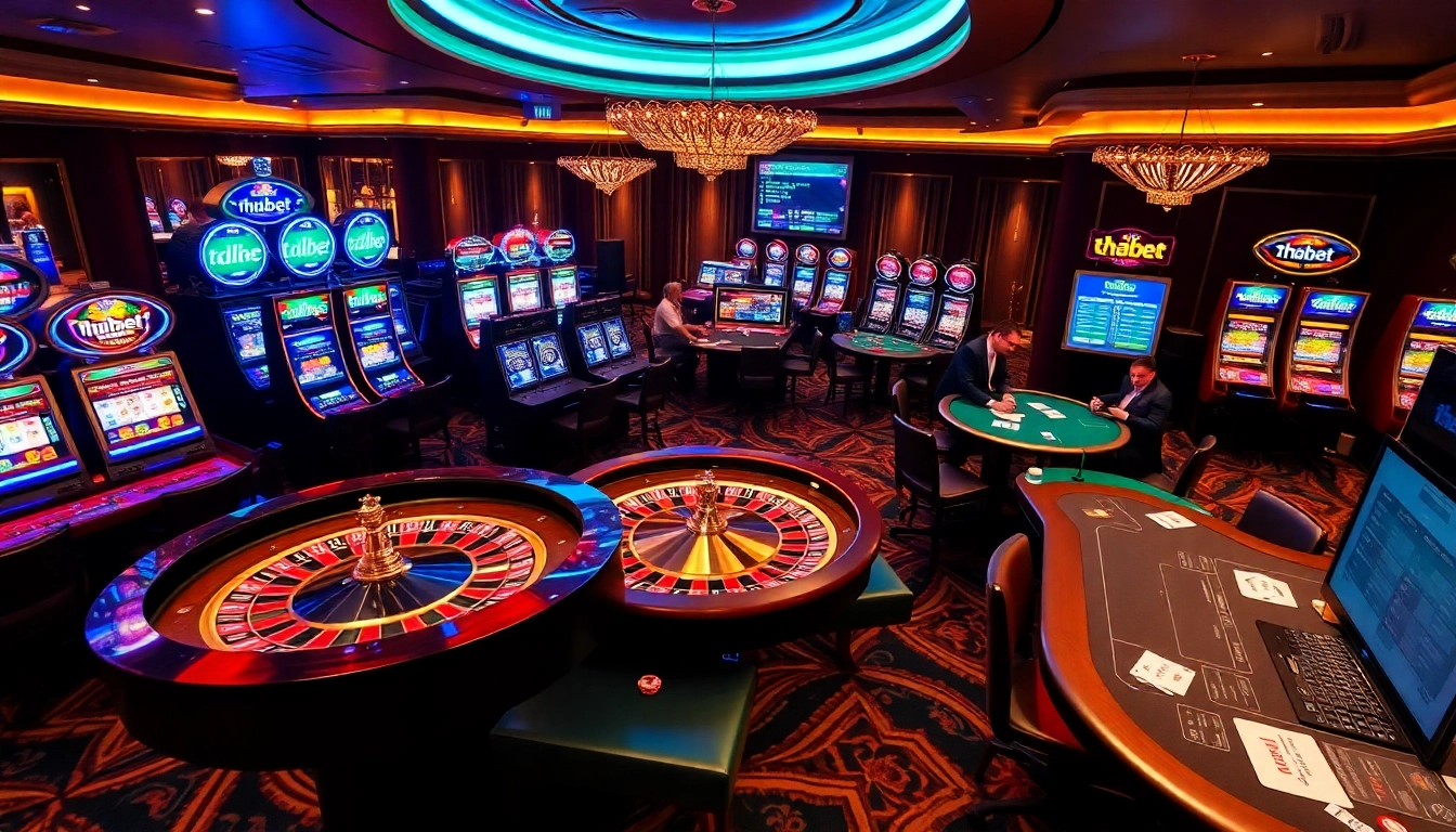 Experience the thrilling ambiance at thabet's luxurious casino with vibrant slot machines and betting tables.