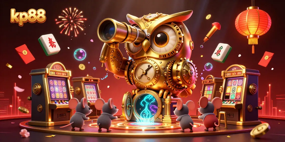 Experience kp88 with a lively scene of a golden owl, mouse patrons, and casino games.