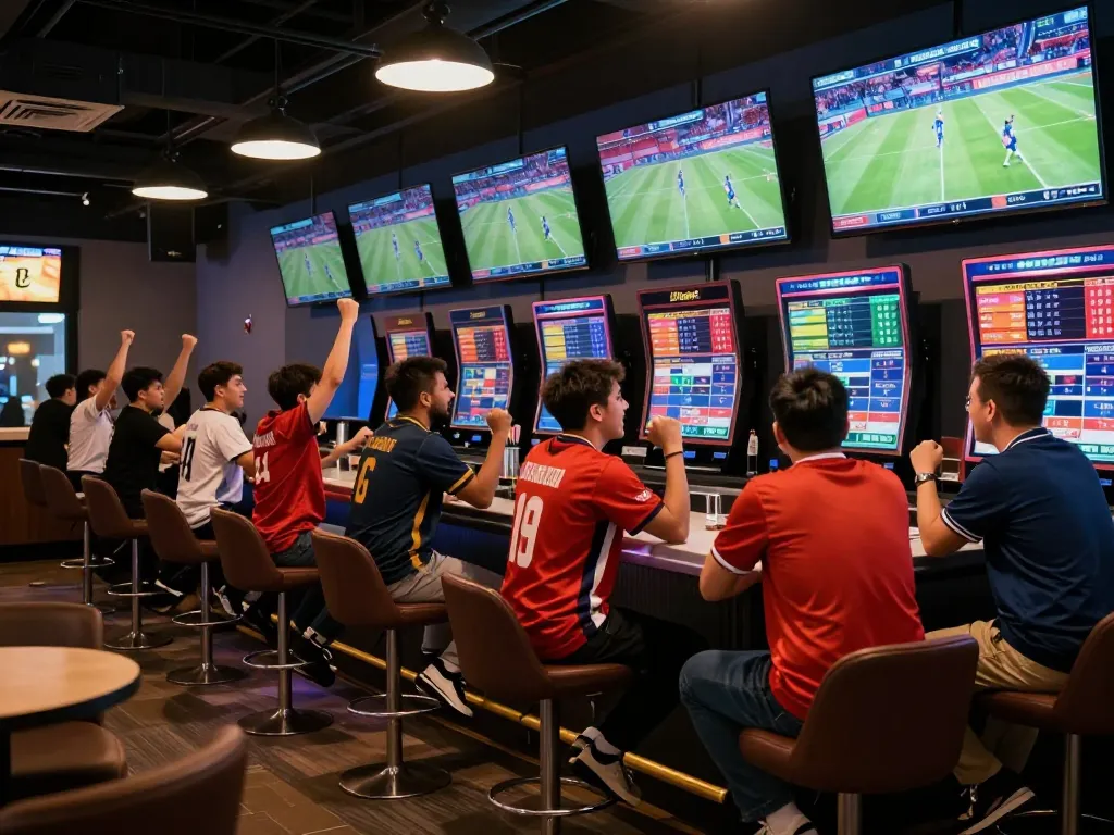 Excited patrons experience the thrill of Bbet sports betting in a lively lounge.