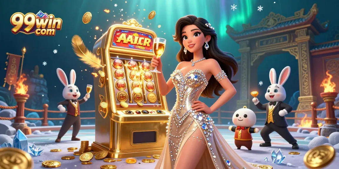 Win big at 99win com with a stunning jackpot scene featuring a glamorous woman and cartoon dealer.