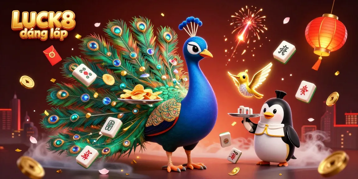 Engage in LUCK8 đăng nhập and enjoy vibrant casino visuals with peacock and golden elements.