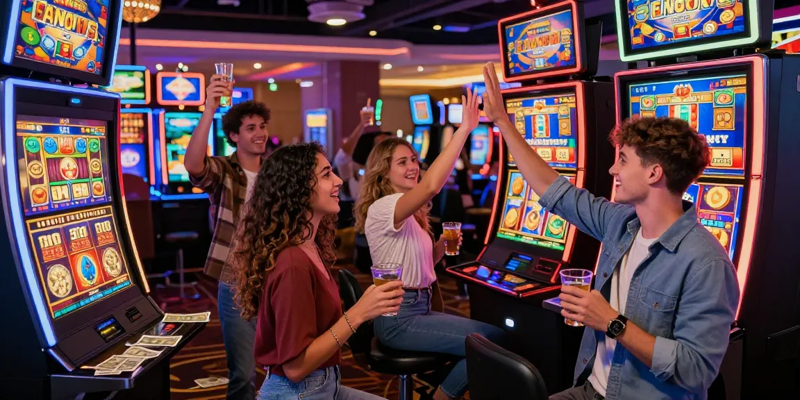 Excited group enjoying bonus buy slots in a lively casino, celebrating wins and creating fun moments.
