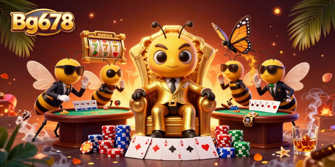 Engage with the excitement of Bg678 in a vibrant 3D casino scene filled with slots and poker elements.