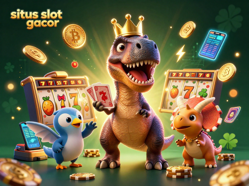 Engage with situs slot gacor as a T-Rex shuffles cards, surrounded by vibrant casino elements and rich details.