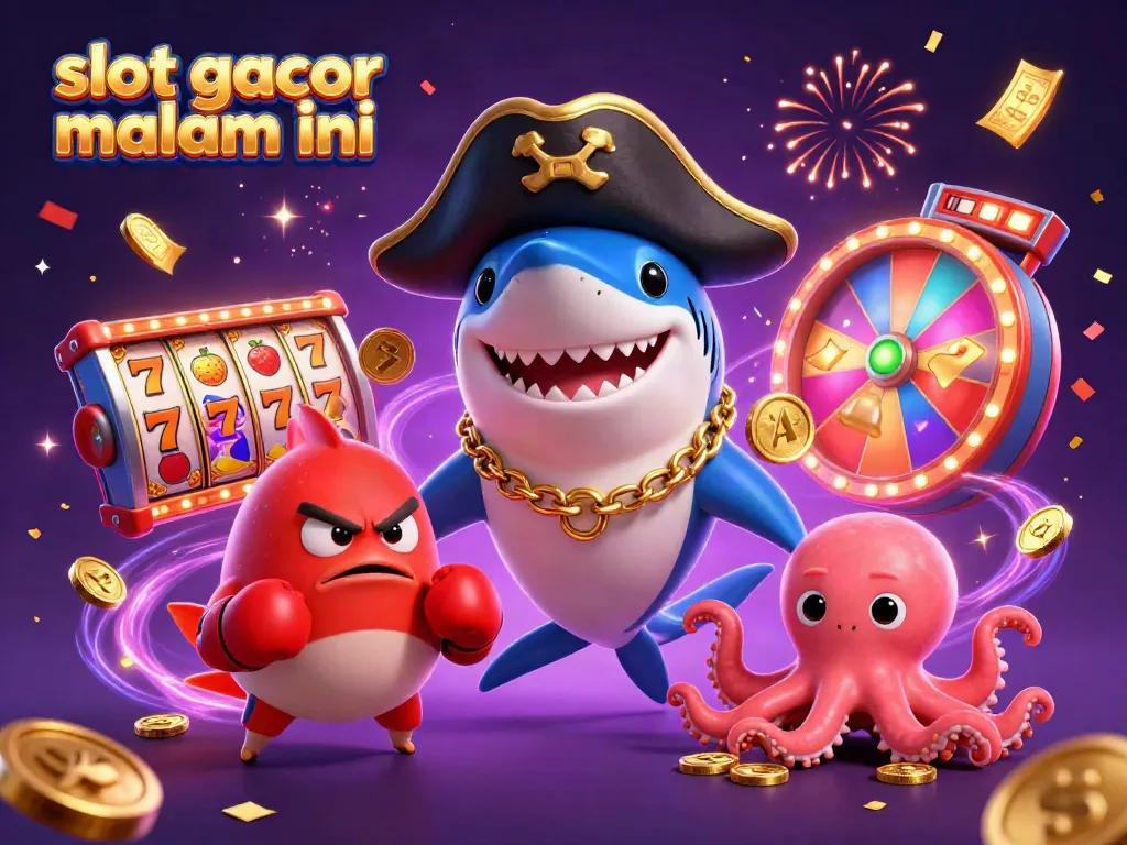 Engage with slot gacor malam ini, showcasing a pirate shark and friends amid colorful casino elements.