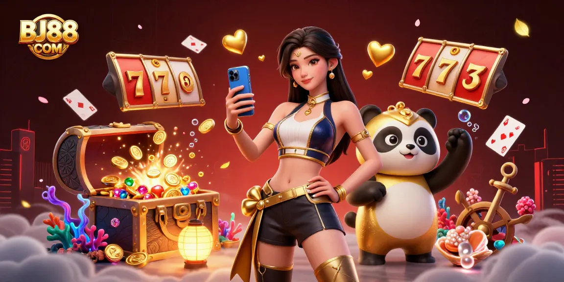 Experience the excitement of gambling with BJ88 COM in this vibrant, dynamic casino illustration.