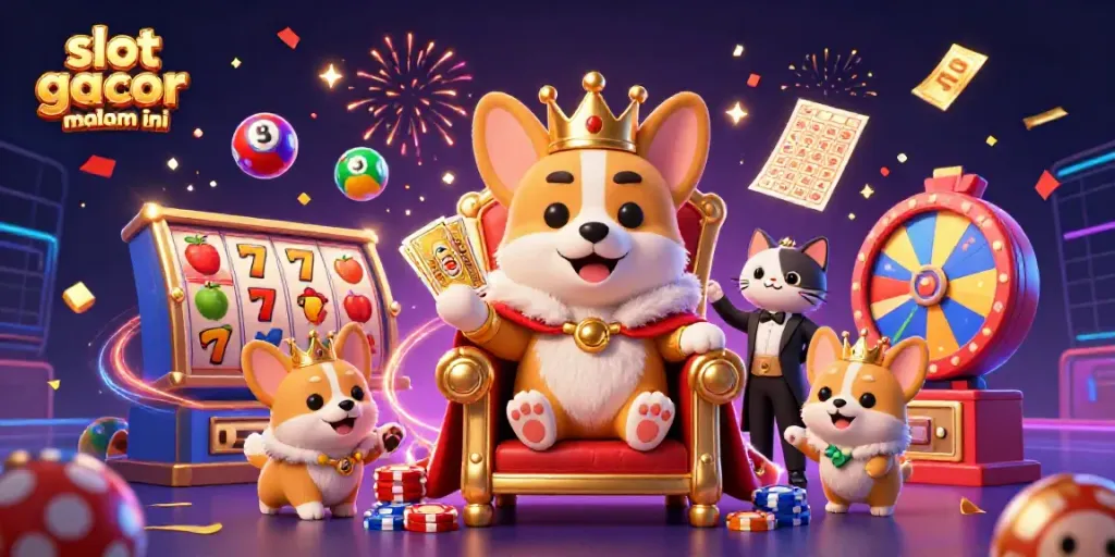 Engage with slot gacor malam ini as a royal corgi and its butler celebrate wins in a vibrant casino scene.