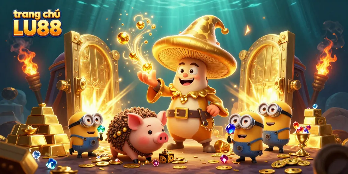Experience thrill at trang chủ LU88 with a golden mushroom wizard amid treasures and vibrant casino elements.