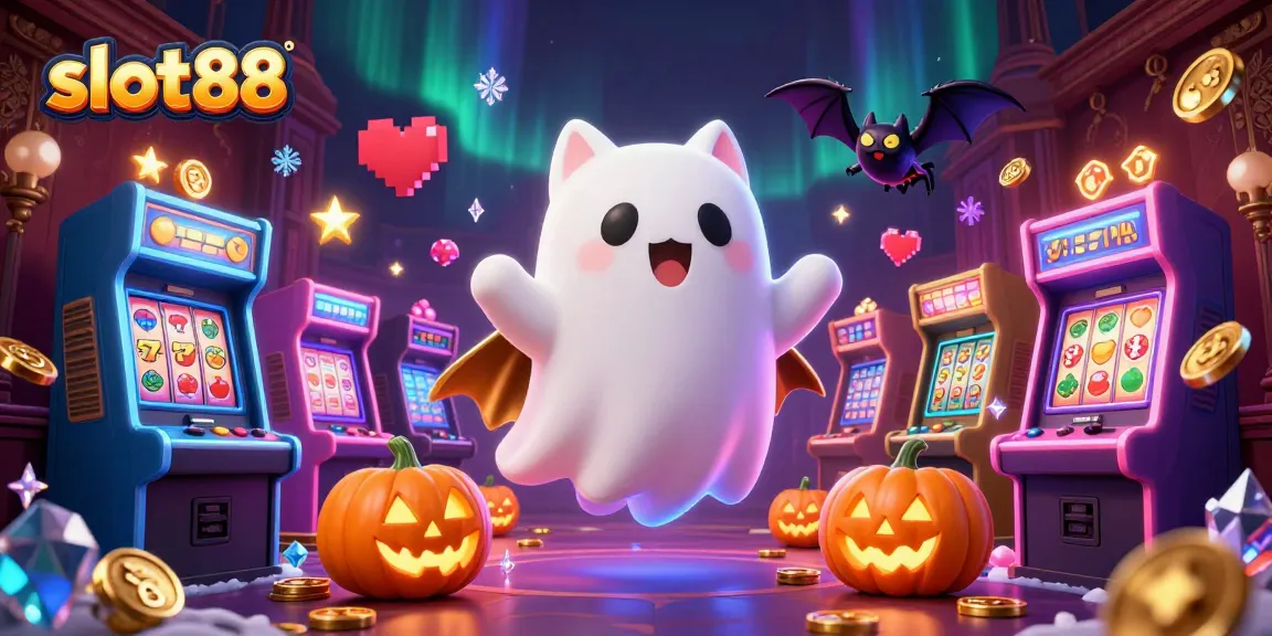 Bermain slot88 dengan cat hantu 3D di kasino berhantu, dikelilingi mesin arcade berwarna dan efek menarik.