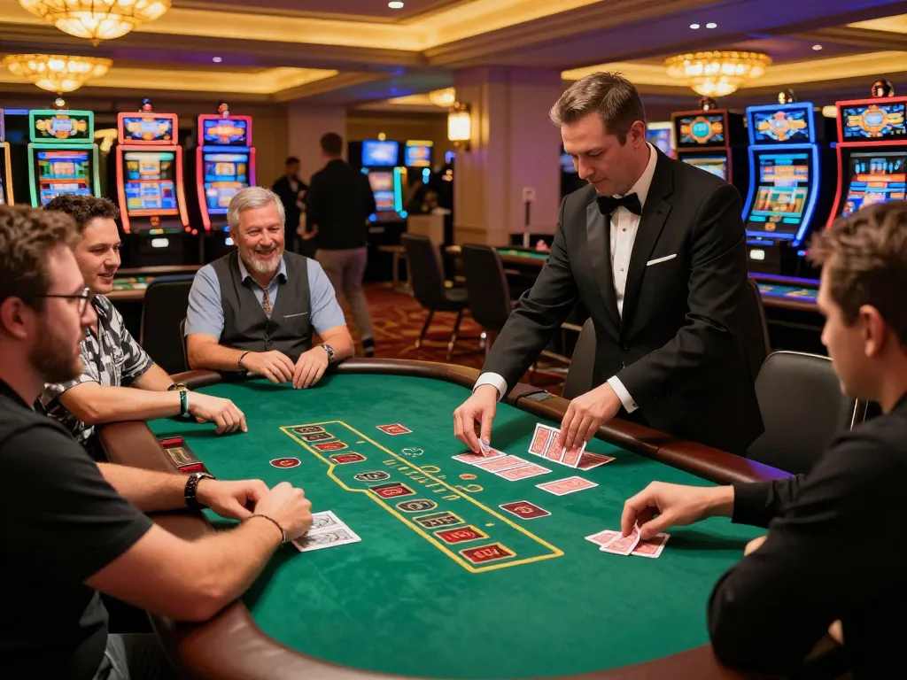 SC88 players placing bets at a lively blackjack table in an upscale casino environment