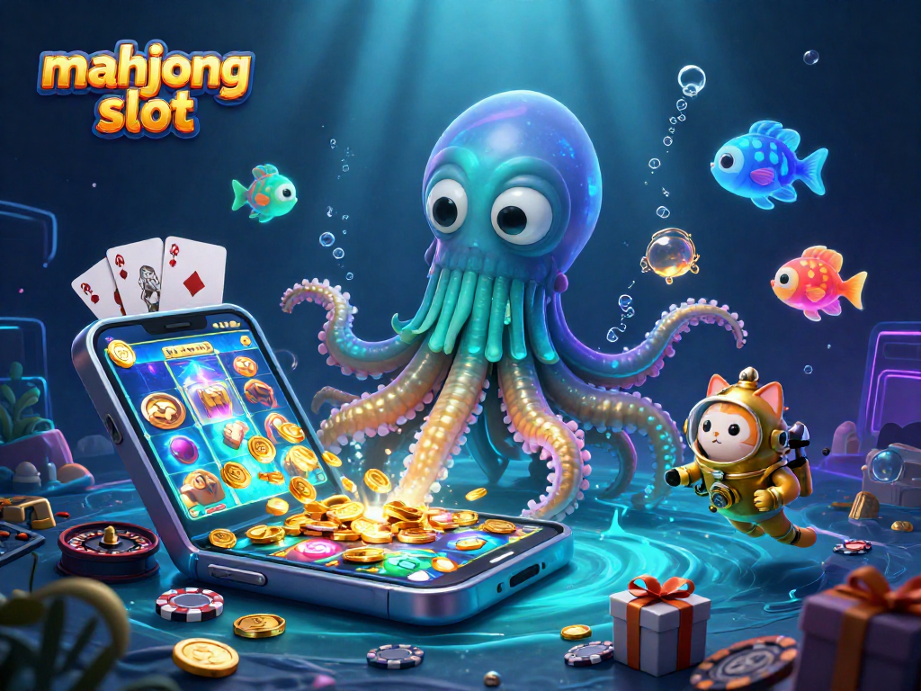 Engage with the thrilling mahjong slot experience featuring a kraken and diving cat with gaming elements.
