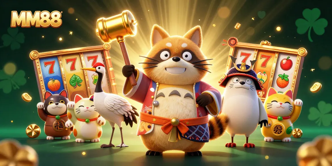 Play slots with MM88’s cheerful tanuki mascot and colorful casino elements in the background.