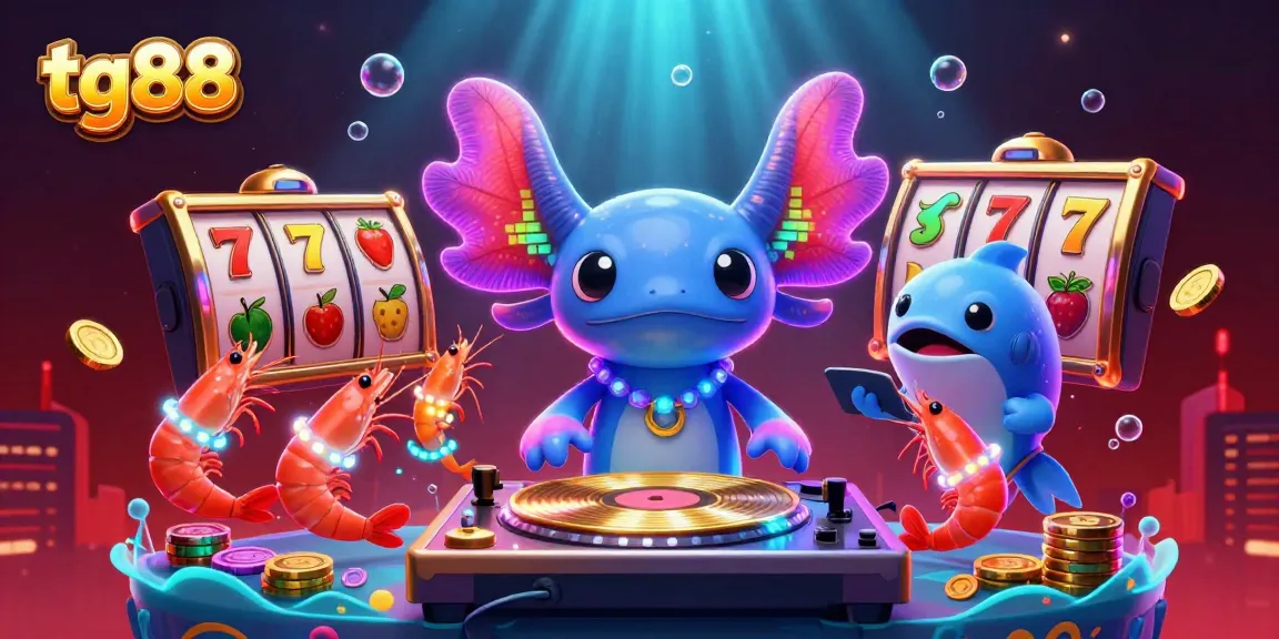 Experience the vibrant tg88 gaming action with a neon axolotl DJ and lively characters in a rich casino scene.