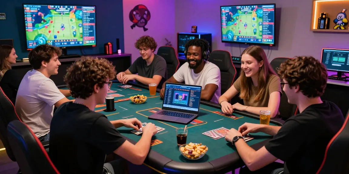 Exciting gaming lounge scene showcasing players enjoying card games and gaming devices at gamebaidoithuong.is