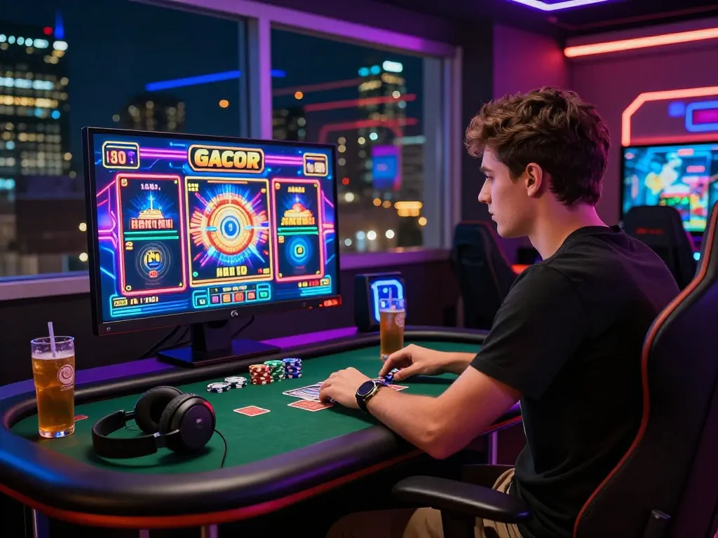 Pemain terlibat dalam permainan slot gacor hari ini yang mendebarkan di meja permainan dengan lampu cerah dan chip poker.