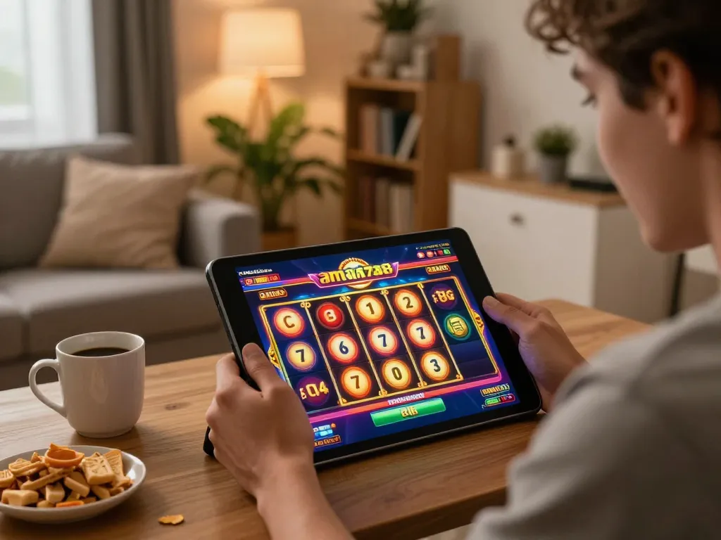 Seorang menikmati kegembiraan aman788 slot gacor di tablet sambil merayakan kemenangan di rumah.