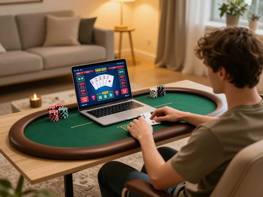 Engaging in responsible gaming at home with nhà cái uy tín Qh88 on a laptop, showcasing vibrant poker gameplay