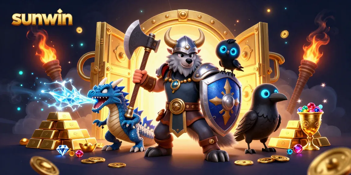 Engage in thrilling gameplay at Sunwin with vibrant 3D illustration featuring heroic characters and treasures.