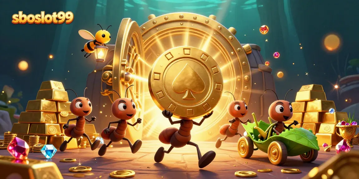 sboslot99 ants heist scene with golden poker chip, treasure vaults, and vibrant gems.