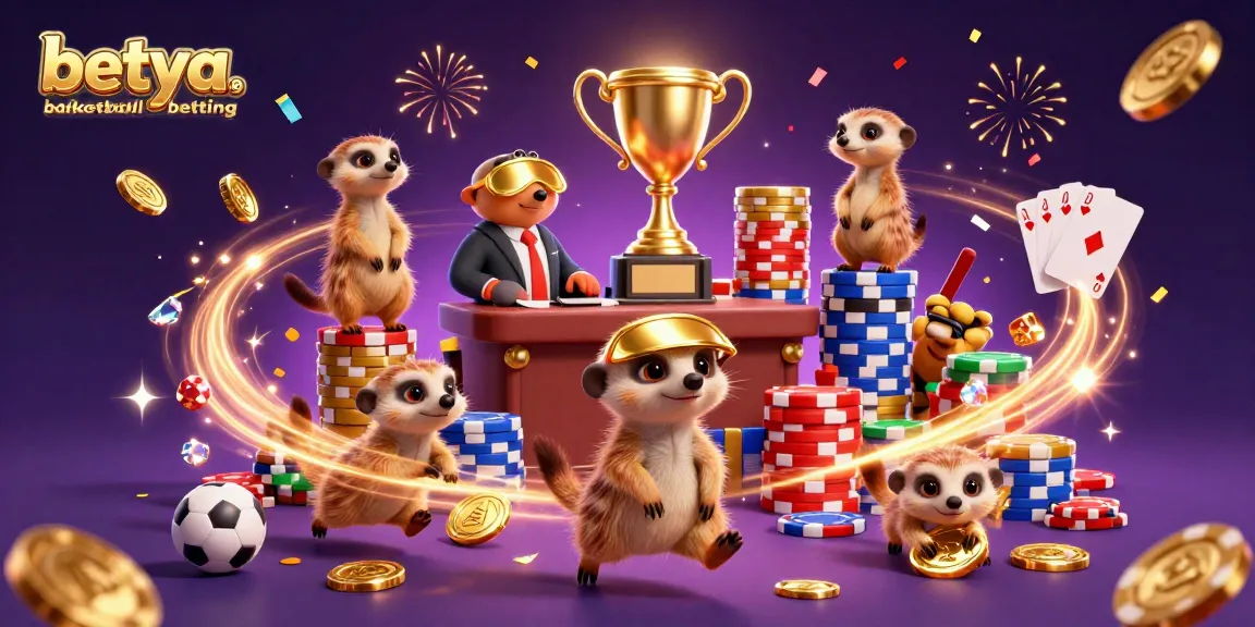 Engage in betya.com basketball betting with vibrant meerkats running a sportsbook in an exciting casino scene.