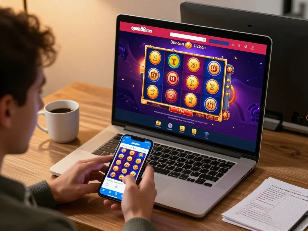 Player engaged with the open88.com mobile casino app in a cozy workspace while strategizing for slots.