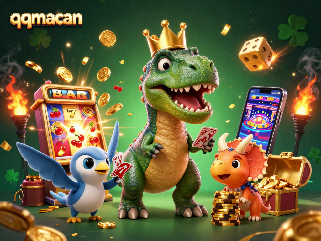 Engage with qqmacan's thrilling 3D casino scene featuring a T-Rex, pterodactyl, and triceratops.