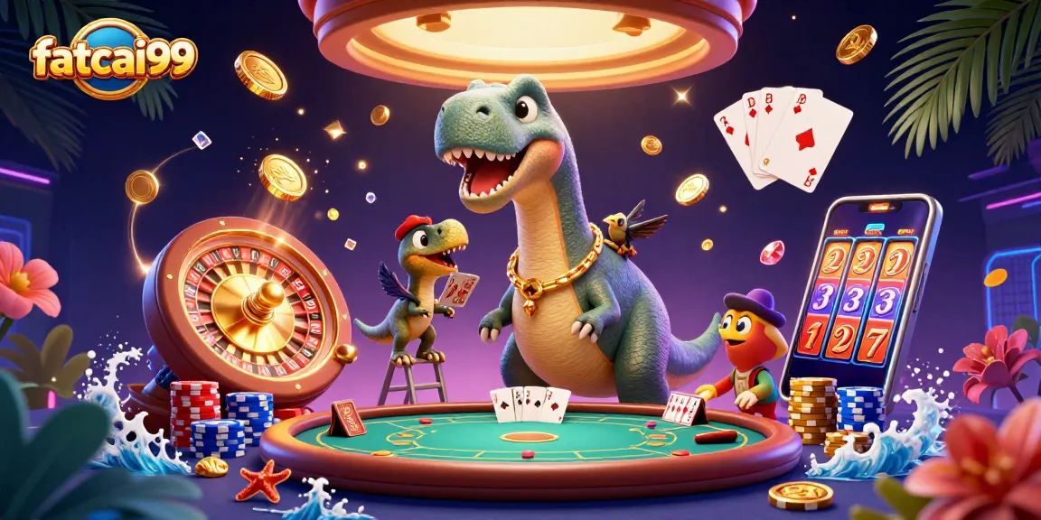 Experience the excitement of fatcai99 with a vibrant, dynamic illustration of a casino scene filled with gaming elements.