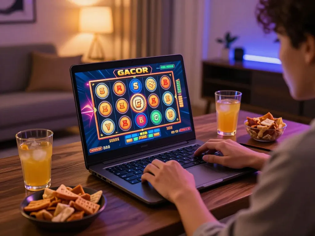 Enjoying slot gacor on a laptop with vibrant graphics in a cozy home setting