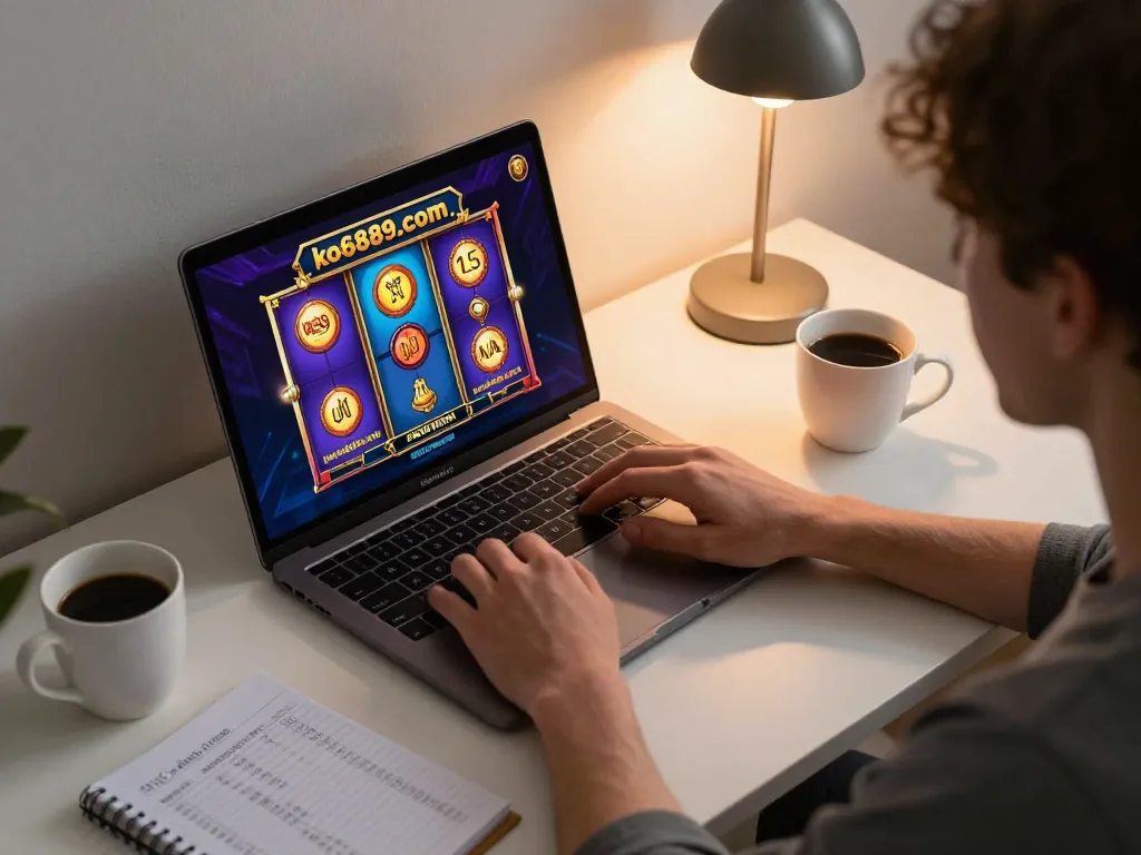 Engaged player using the online slots interface at https://ko6689.com/ in a relaxing home atmosphere