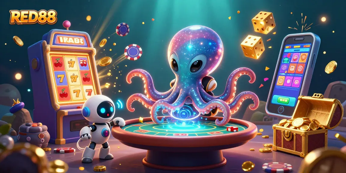 Engage at RED88, witnessing an alien octopus and robot in an action-packed casino scene.