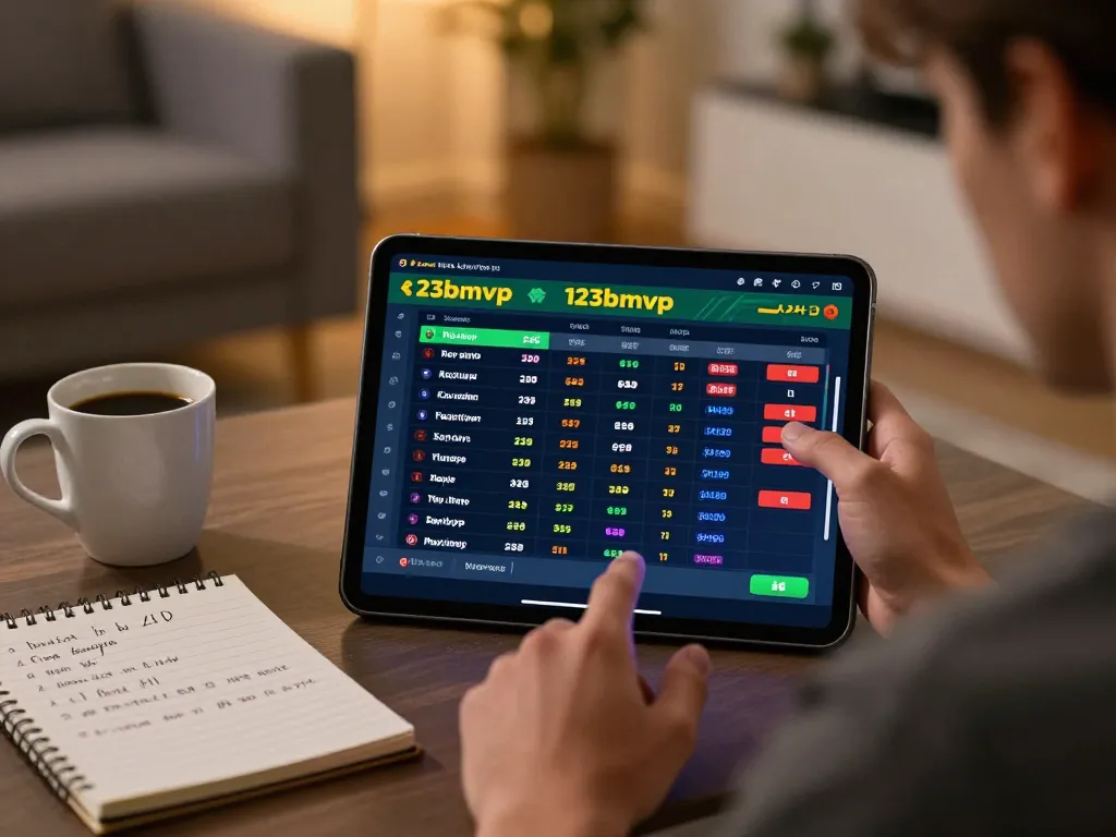 Player engaging with 123bmvp betting platform on tablet, analyzing live odds and strategies.