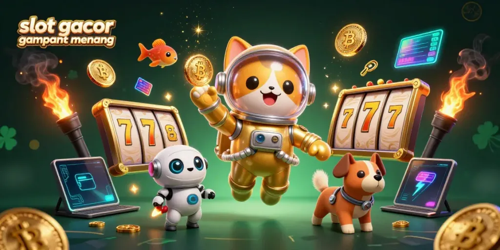 Engage with slot gacor gampang menang in a dynamic 3D scene filled with vibrant gaming elements.