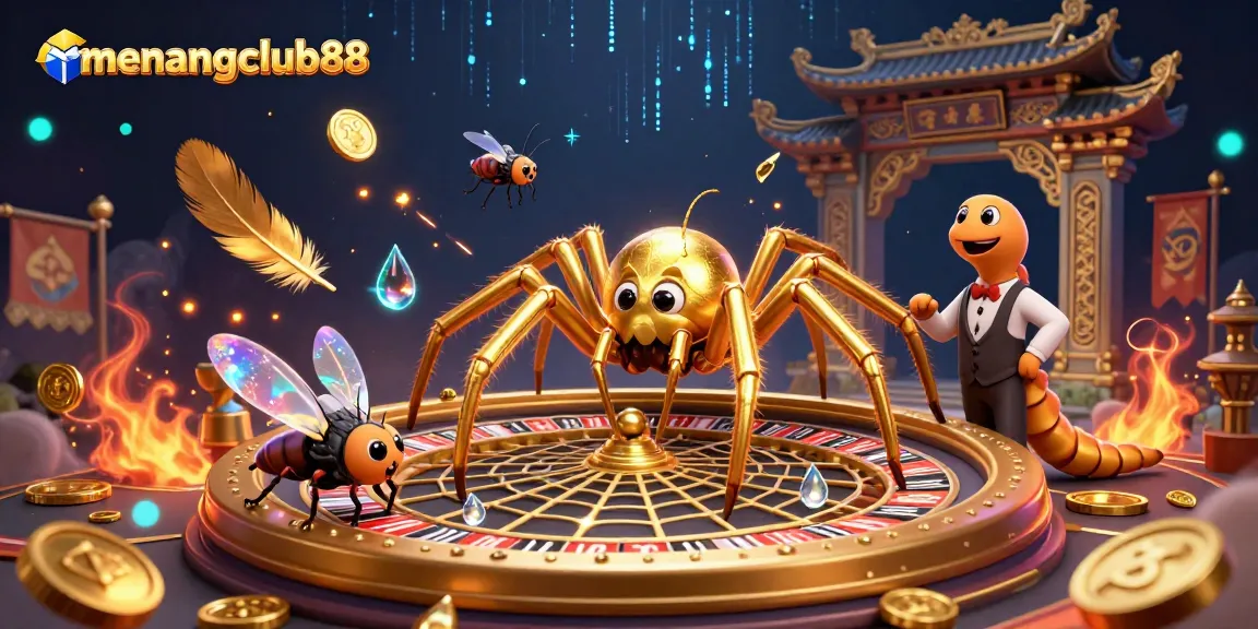 Experience gaming excitement with menangclub88 as a golden spider spins a roulette wheel web.
