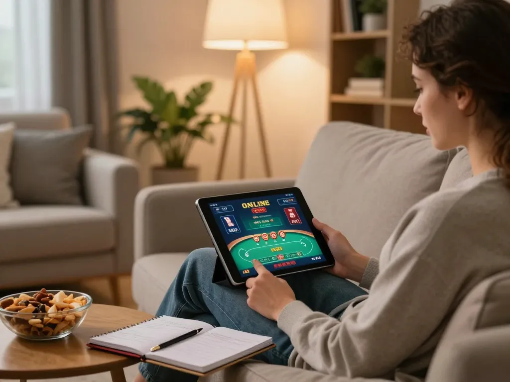 Player enjoying online games at HM88's platform on a tablet in a cozy environment.