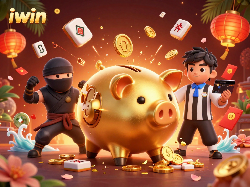 iwin features a spirited gaming showdown with a golden piggy bank wrestler surrounded by festive casino elements.