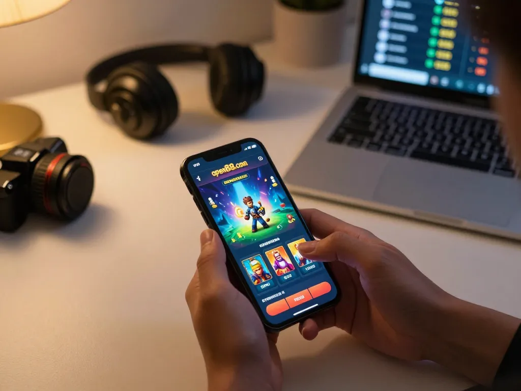 Player engaging with open88.com casino app on smartphone, showcasing vibrant game animations and cozy atmosphere
