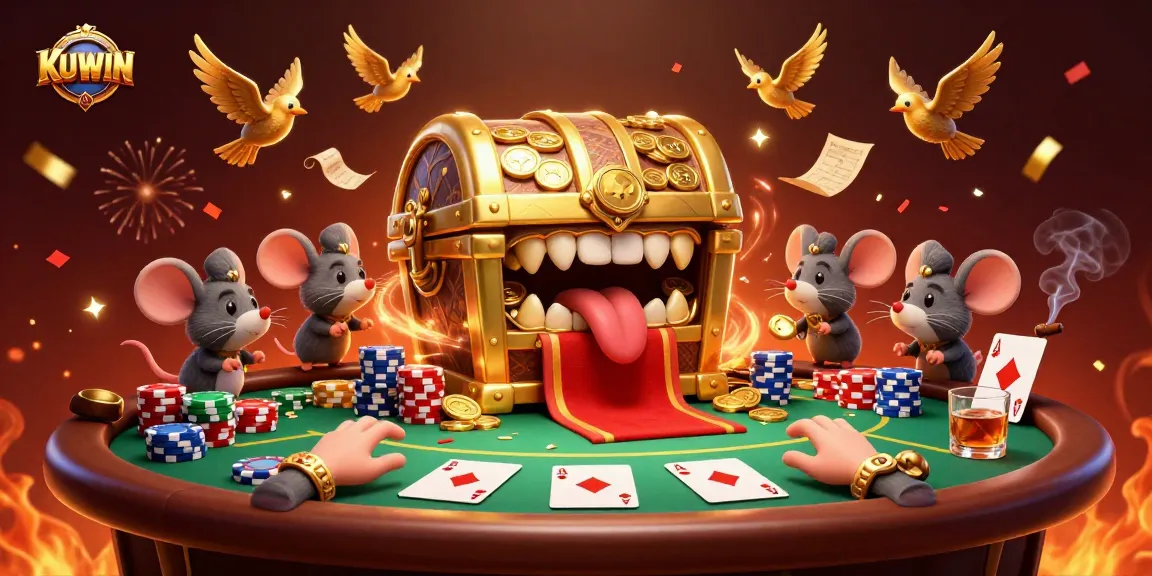 Engage with KUWIN's thrilling casino scene showcasing a cartoon treasure chest and exciting poker elements.
