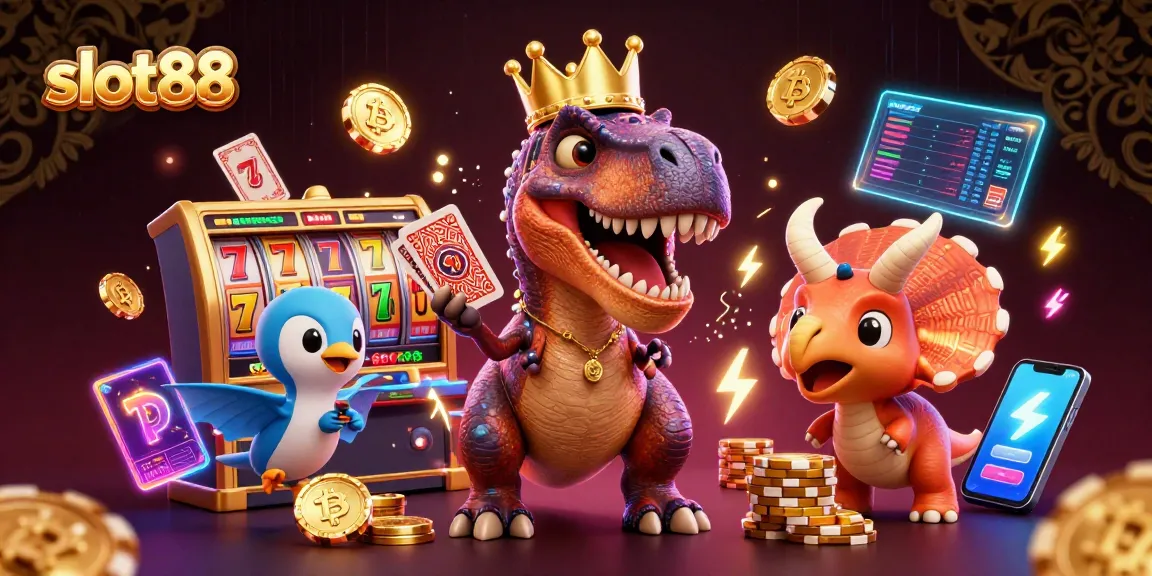 Menangkan jackpot slot88 dengan T-Rex lucu dan chip emas mengelilingi permainan