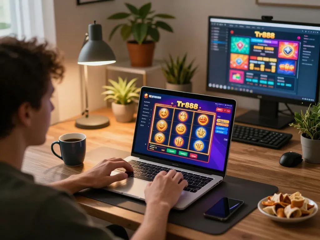 Play Tr888 slots in cozy atmosphere with vibrant screen and snacks nearby